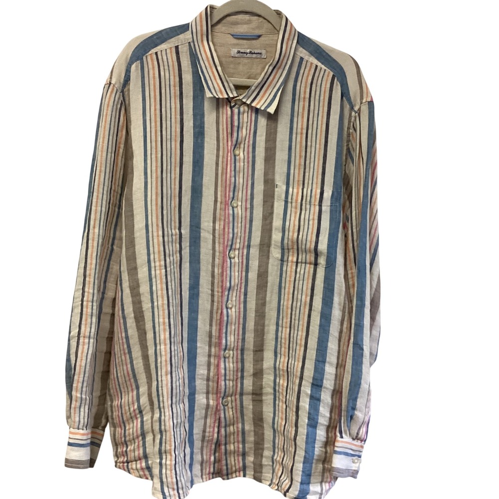 Tommy Bahama Mens‎ XXL Linen Multi Colored Striped Long Sleeve Button Down Shirt